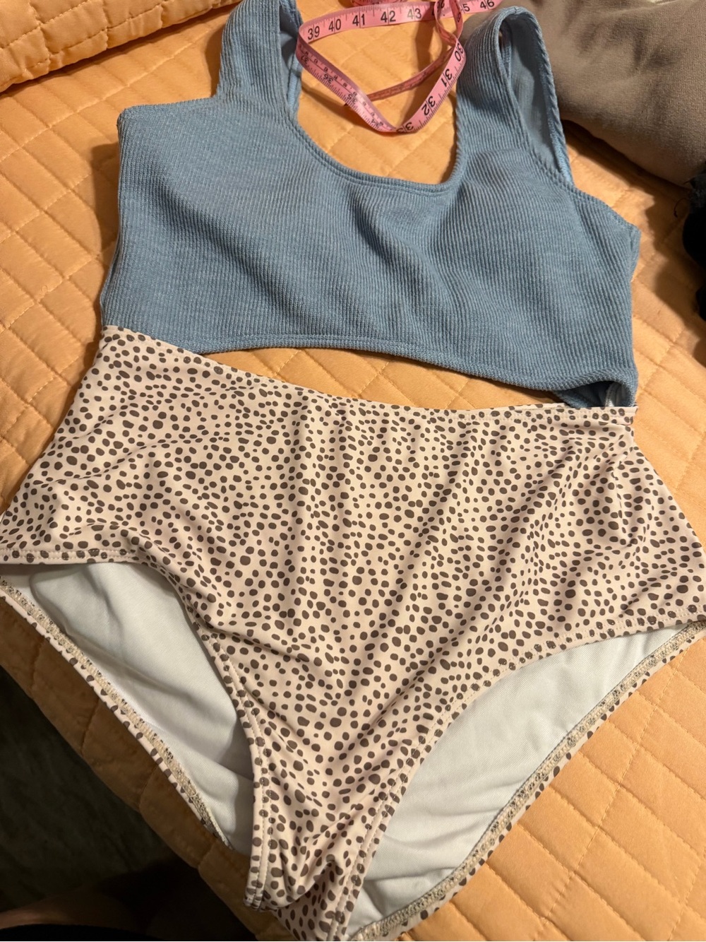 SHEIN Light Blue Ribbed Crop One-Piece with Cream Polka Dot Waist Panel